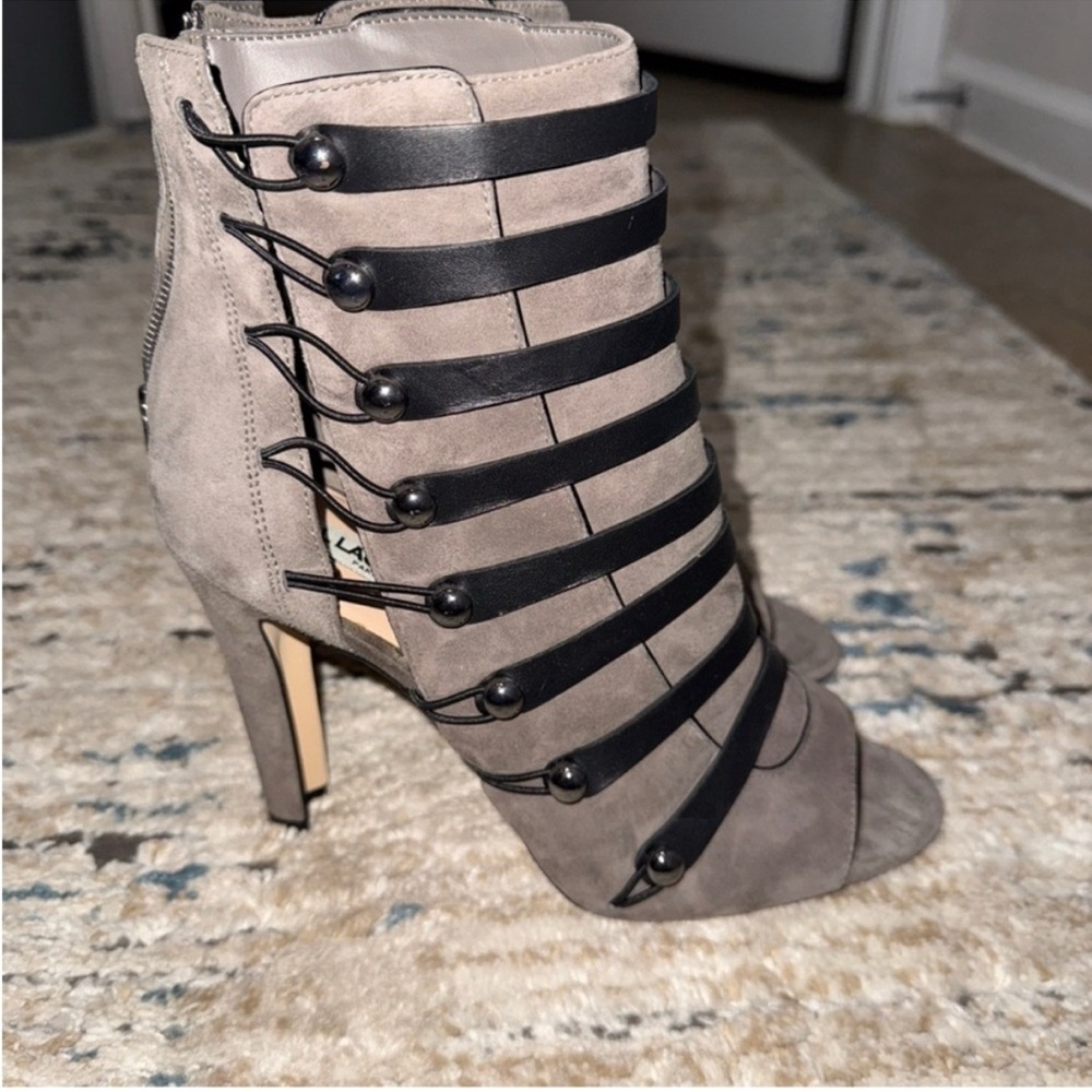 Karl Lagerfeld Taupe and Black Strappy Heeled Boots